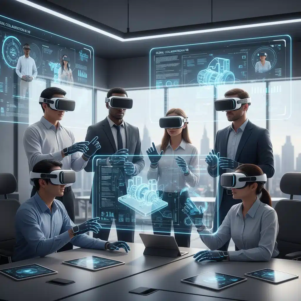 Professionals using VR headsets in a virtual workspace, showcasing immersive collaboration.
