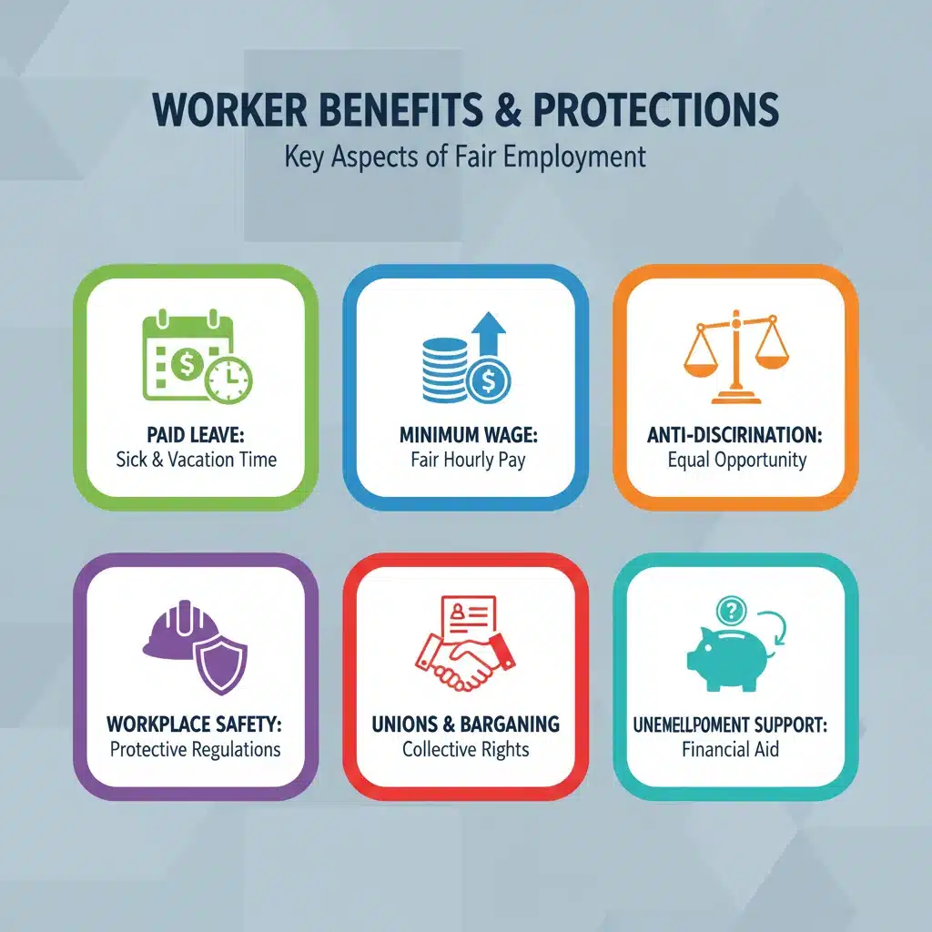 Infographic illustrating key worker benefits and protections under new labor laws.
