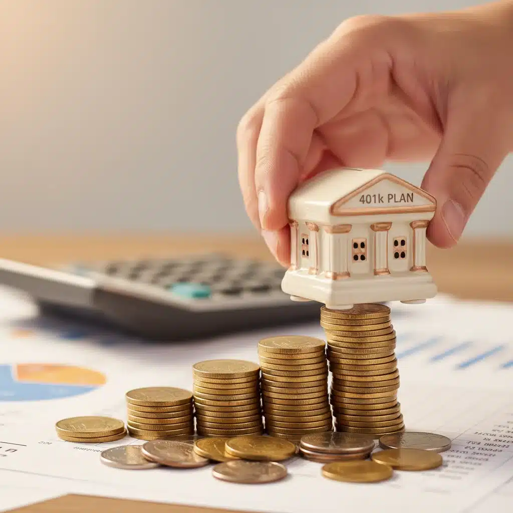 Hand placing 401(k) piggy bank on stack of coins, symbolizing retirement savings growth.