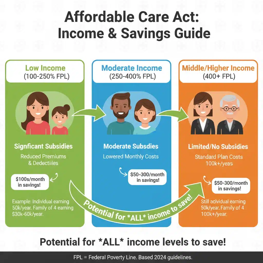 Infographic showing income guidelines for ACA subsidies 2026 eligibility