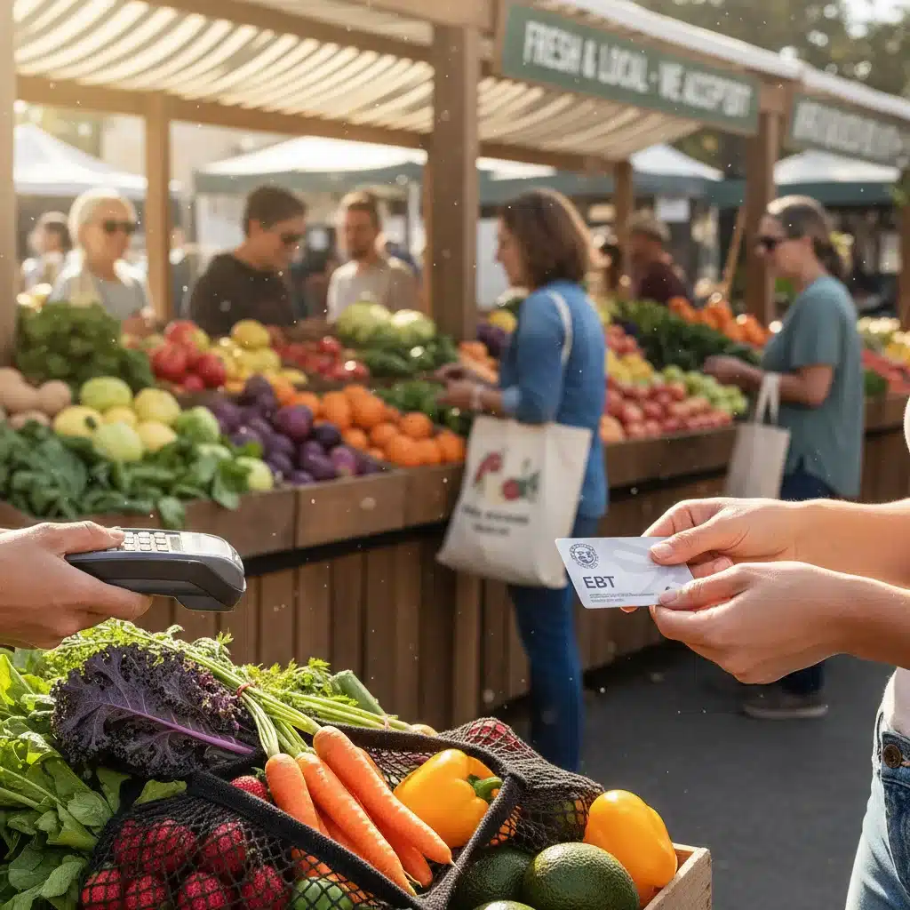 Person using EBT card at vibrant farmer's market for fresh produce