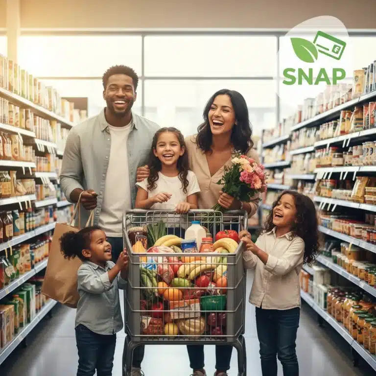 Family happily shopping for groceries with full cart, symbolizing maximized SNAP benefits