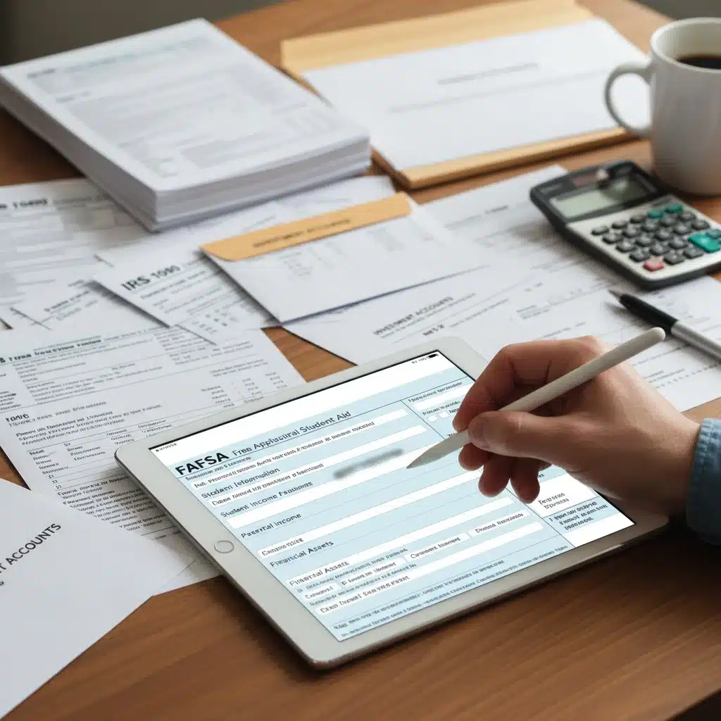 Hand filling out FAFSA form digitally with financial documents