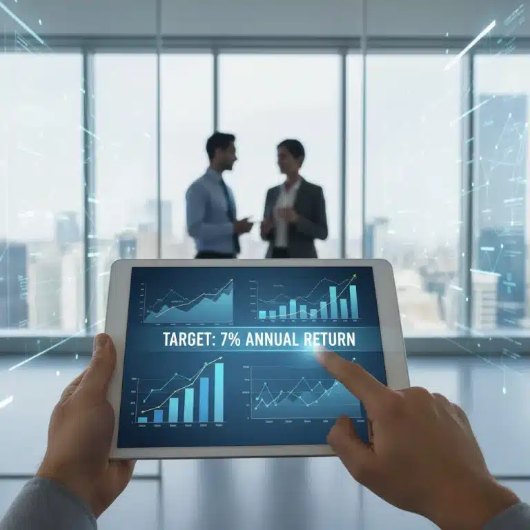 Digital tablet showing an investment portfolio aiming for 7% annual returns.