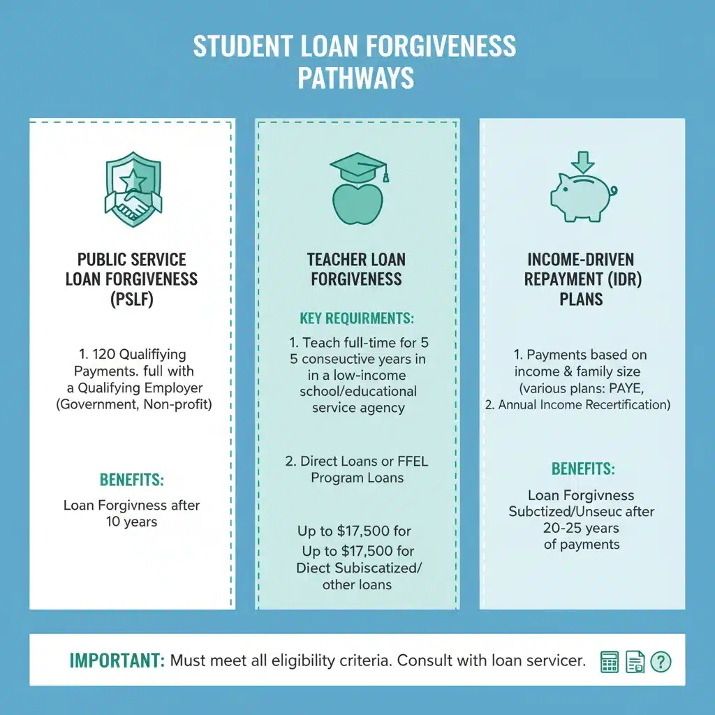 Infographic showing various student loan forgiveness pathways