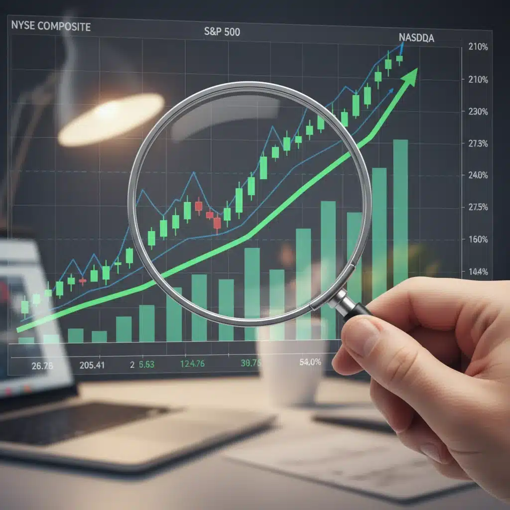 Magnifying glass examining stock market chart for long-term growth.
