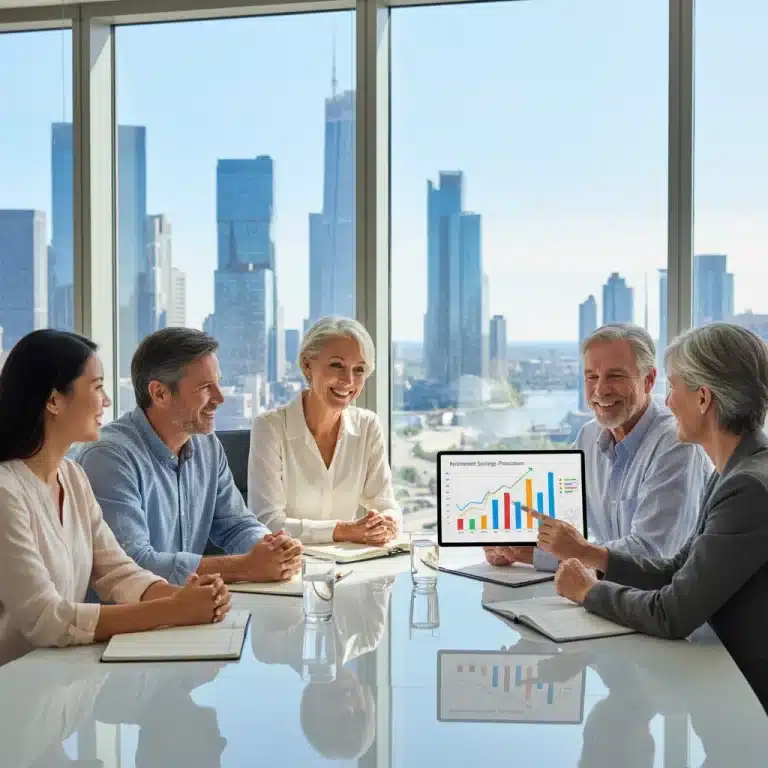Financial advisor explaining pension planning strategies to diverse clients in a modern office.