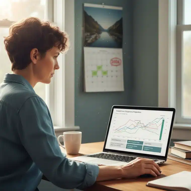 Person analyzing 2026 PSLF program updates on a laptop, planning for student loan forgiveness.