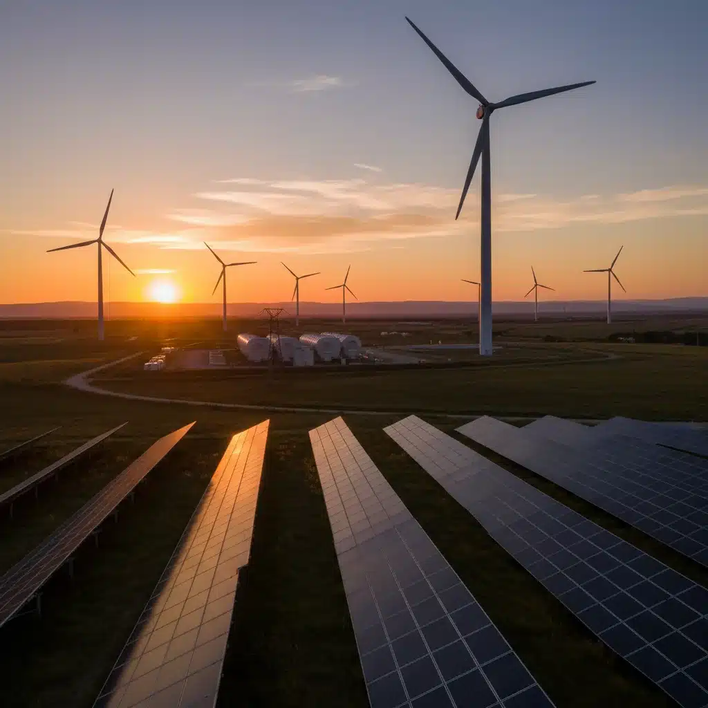 Modern wind farm and solar panels at sunset, representing renewable energy sector growth.