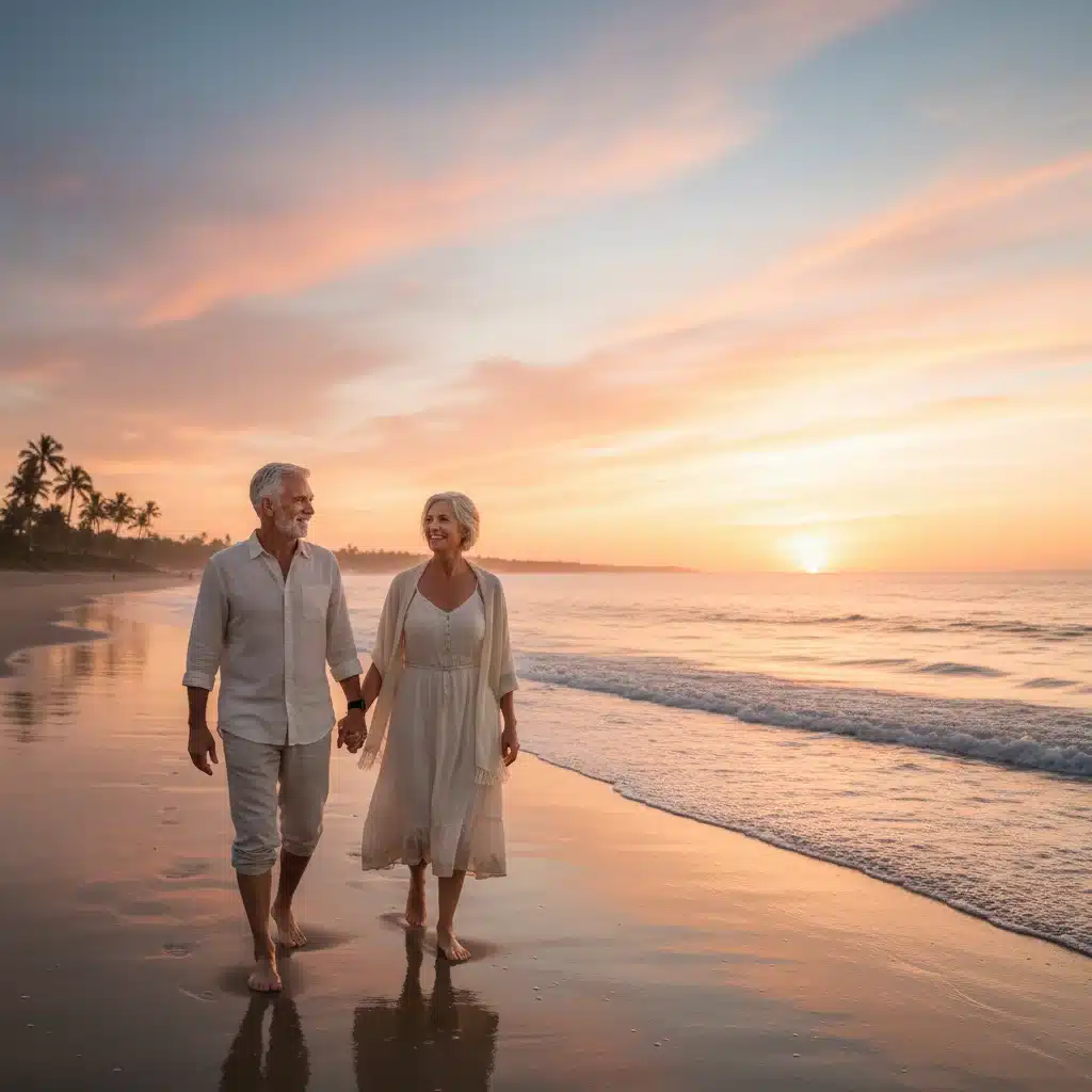 Retired couple enjoying a peaceful sunset walk on a beach, symbolizing successful retirement.