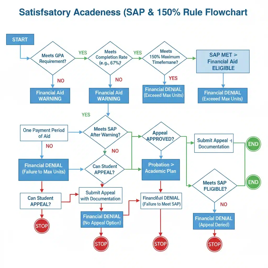 Flowchart explaining Satisfactory Academic Progress and 150% Rule