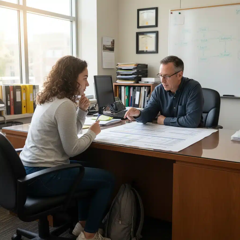 Student consulting financial aid advisor for academic planning